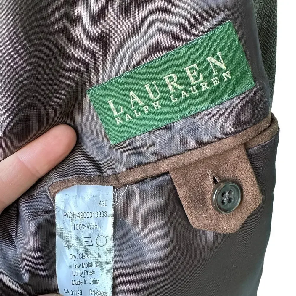 Ralph Lauren 100% Wool Sports Coat Elbow Patches‎ Brown Black Herringbone 42L